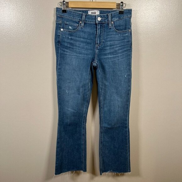 Paige Shelby Crop Flare Jeans Size 27 Bliss Wash Distressed Mid Rise Frayed Hem - Picture 1 of 12